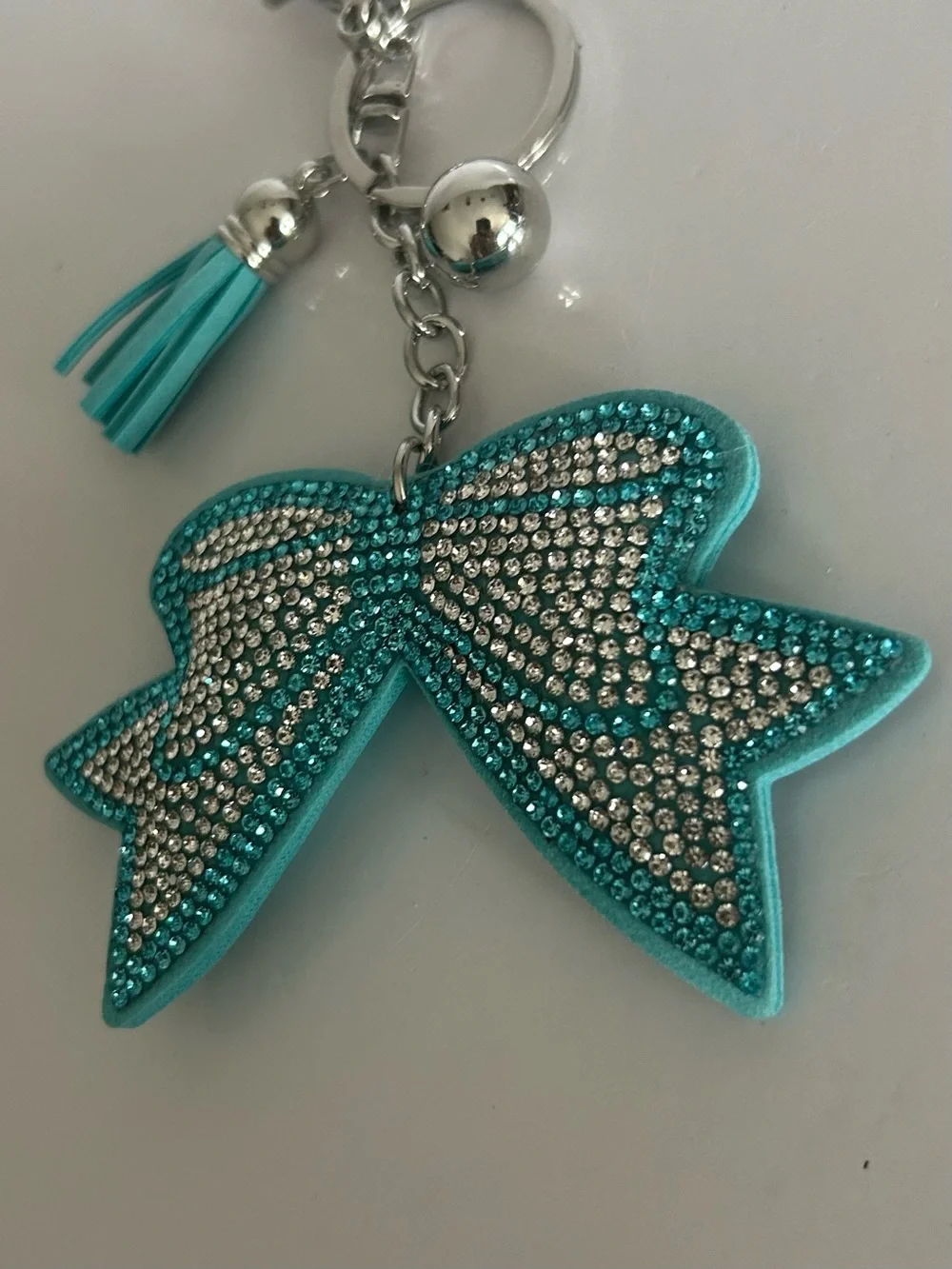 Aqua Rhinestone Bow Bag Charm Keychain Purse Charm Bling Tassel Gift